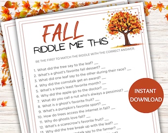 Fall Riddle Me This, Fall Riddles, Fall Games, Fall Party Game, Fall Trivia Game, Family Game Night, Fall Halloween Game, Thanksgiving Games