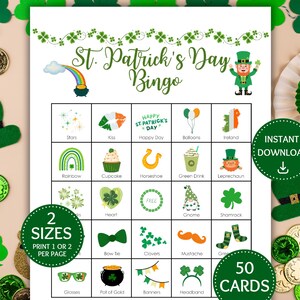 Könnte beinhalten: Eine St. Patrick's Day Bingo-Spielkarte mit einem grün-weißen Thema. Die Karte zeigt verschiedene Bilder und Texte zum Thema St. Patrick's Day, darunter ein Regenbogen, ein Kobold und ein Kleeblatt. Die Karte ist in zwei Größen erhältlich und enthält 50 Karten.
