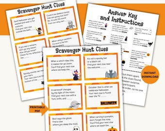 May include: A printable Halloween scavenger hunt game with orange and black cards featuring clues and illustrations. The cards include clues like "When using a cauldron, it's sure to be hot. Go to where..." and "If you see a vampire, don't go any nearer. How will you know? Check for his reflection in the..."