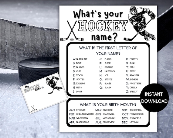 Hockey Name Game Printable, What's Your Hockey Name Game, Name Generator Game with Name Tags, Hockey Birthday, Hockey Game Day