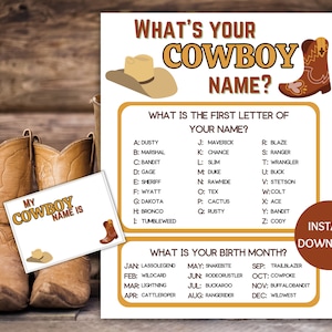 Gioco del nome del cowboy stampabile, gioco del nome del cowboy, gioco generatore di nomi con targhette, festa a tema cowboy, giochi per bambini
