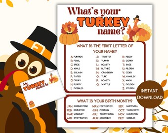 Afdrukbaar Turkije-naamspel, wat is je Turkije-naamspel, naamgeneratorspel met naamkaartjes, Thanksgiving-spellen, herfstspellen