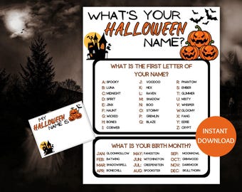 Halloween Name Game Printable, What's Your Halloween Name Game, Name Generator Game with Name Tags, Halloween Party Game, Halloween Birthday