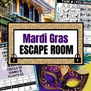 May include: A Mardi Gras Escape Room game with a purple and gold mask, a brown background with question marks, and the text "Mardi Gras Escape Room".