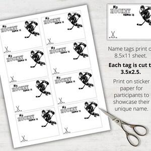 May include: Printable hockey name tags with a black and white illustration of a hockey player. The tags are designed to be cut to 3.5 inches by 2.5 inches and printed on sticker paper.