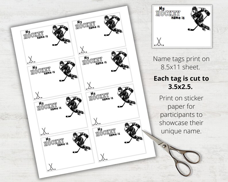 May include: Printable hockey name tags with a black and white illustration of a hockey player. The tags are designed to be cut to 3.5 inches by 2.5 inches and printed on sticker paper.