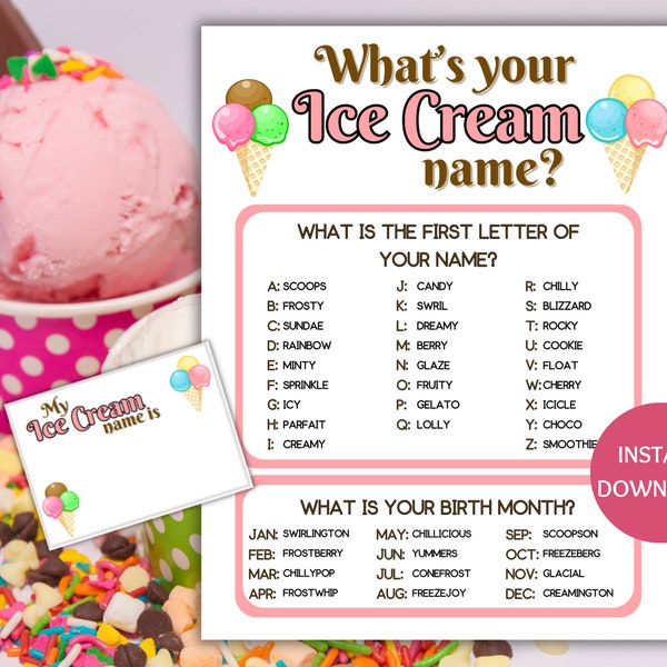 Ice Cream Name Game Printable, What's Your Ice Cream Name Game, Name Generator Game with Name Tags, Ice Cream Birthday, Games for Kids