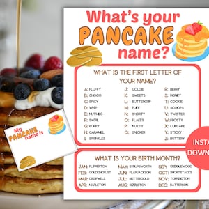 May include: A printable game card with a pancake theme. The card has a colorful design with a pancake illustration and the text "What's your pancake name?" The card includes instructions for determining your pancake name based on the first letter of your name and your birth month.