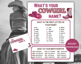Cowgirl Name Game Printable, What's Your Cowgirl Name Game, Name Generator Game with Name Tags, Little Cowgirl Theme, Pink Cowgirl Party