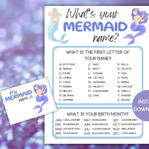 Mermaid Name Game Printable, What&#39;s Your Mermaid Name Game, Name Generator Game with Name Tags, Mermaid Party Games, Mermaid Birthday