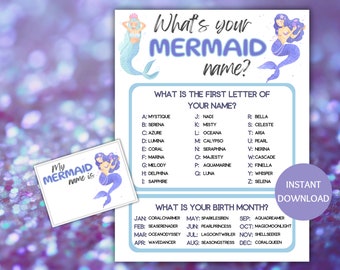 Mermaid Name Game Printable, What's Your Mermaid Name Game, Name Generator Game with Name Tags, Mermaid Party Games, Mermaid Birthday