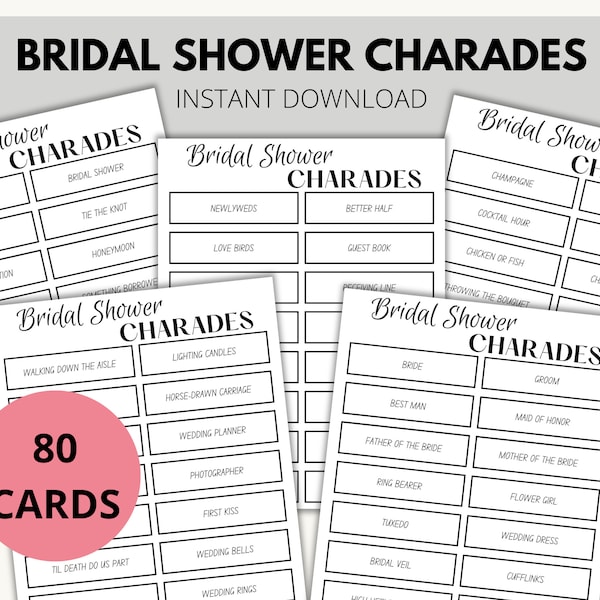 Wedding Charades for Adults, 80 Bridal Shower Charades Cards, Bridal Shower Game, Wedding Shower Game, Bachelorette Game, Bridal Party Games
