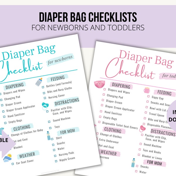 Diaper Bag Checklist for Newborn and Toddler, Diaper Bag Essentials, Printable Diaper Bag Checklist, Baby Checklist, Hospital Diaper Bag