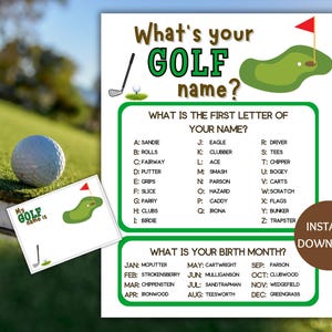 Golf Namensspiel zum Ausdrucken, Was ist Ihr Golf Namensspiel, Namensgenerator Spiel mit Namensschildern, Golf Partyspiel, Hole in One Party, Thir-tee Party