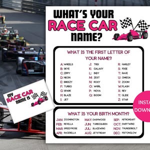 Race Car Name Game Printable, What&#39;s Your Race Car Name Game, Name Generator Game with Name Tags, Race Car Birthday, Race Car Party