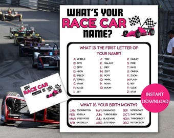 Race Car Name Game Printable, What's Your Race Car Name Game, Name Generator Game with Name Tags, Race Car Birthday, Race Car Party