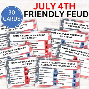 May include: A collection of "July 4th Friendly Feud" game cards. Each card features questions about the Fourth of July, with answers and point values. The cards have a red, white, and blue patriotic theme, perfect for a holiday gathering.