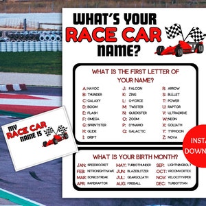 Race Car Name Game Printable, What&#39;s Your Race Car Name Game, Name Generator Game with Name Tags, Race Car Birthday, Race Car Party