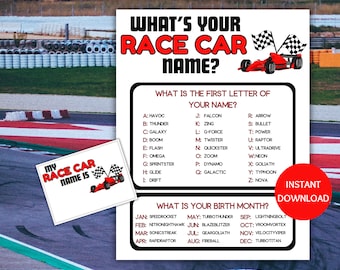 Race Car Name Game Printable, What's Your Race Car Name Game, Name Generator Game with Name Tags, Race Car Birthday, Race Car Party