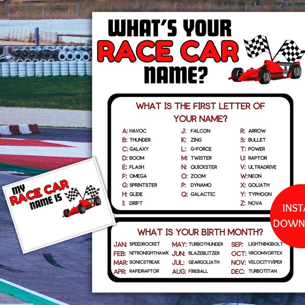 Race Car Name Game Printable, What's Your Race Car Name Game, Name Generator Game with Name Tags, Race Car Birthday, Race Car Party