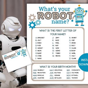 May include: A white robot stands beside a printable game sheet titled "What's your ROBOT name?" The sheet features a blue and white robot graphic and lists options for robot names based on the first letter of your name and birth month. The words "Instant Download" are also visible.