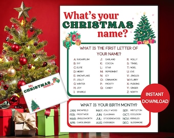 May include: A printable Christmas name generator game with a festive red and green color scheme. The game asks for the first letter of your name and your birth month to determine your Christmas name. The game includes a list of Christmas-themed names for each letter of the alphabet and each month of the year. The game also includes a small image of a Christmas tree with presents.