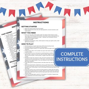 May include: Instructions for a game called "Fast Money" with a red, white, and blue theme. The instructions include how to play, scoring, and what you need to play the game.
