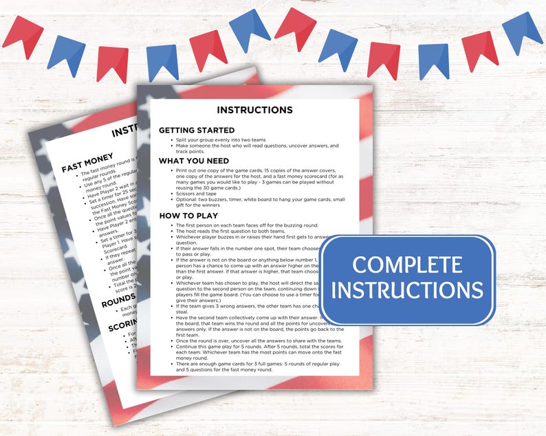 May include: Instructions for a game called "Fast Money" with a red, white, and blue theme. The instructions include how to play, scoring, and what you need to play the game.