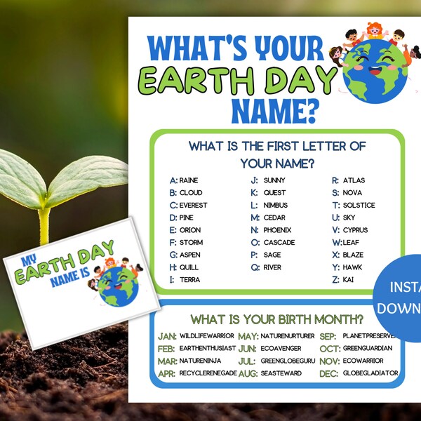 Earth Day Name Game Printable, What's Your Earth Day Name Game, Name Generator Game with Name Tags, Earth Day Printable, Games for Kids