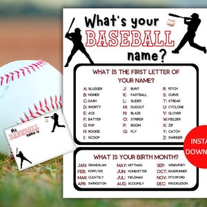 Baseball Name Game Printable, What&#39;s Your Baseball Name Game, Name Generator Game with Name Tags, Baseball Party Game, Baseball Shower Game