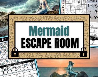 May include: A digital escape room game with a mermaid theme. The game features a variety of puzzles and challenges, including a Polybius cipher, a what comes next pattern, and a word search. The game is designed for children and adults.