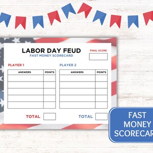 May include: A printable Labor Day Feud fast money scorecard with a red, white, and blue American flag background. The scorecard has spaces for two players to record their answers and points. The scorecard also has a space for the final score.
