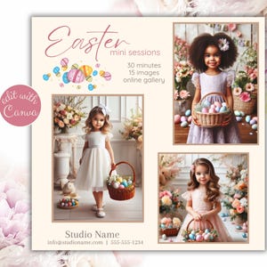 Può includere: Un volantino che pubblicizza mini sessioni fotografiche di Pasqua. Il volantino presenta uno schema di colori rosa e bianco con un design floreale. Il testo sul volantino recita "Easter mini sessions", "30 minutes", "15 images", "online gallery", "Studio Name", "info@studioname.com" e "555-555-1234". Il volantino include anche tre foto di bambini in abiti a tema pasquale.