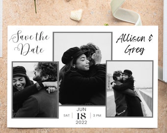 Könnte beinhalten: Save the Date Karte mit einer Schwarzweiß-Fotocollage eines sich umarmenden Paares. Die Karte trägt den Text "Save the Date" in Kursivschrift, "Allison & Greg" in handschriftlicher Schrift und "Jun 18, 2022, Sat 3 PM".