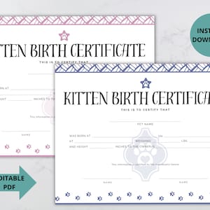 Kitten geboorteakte, adoptiecertificaat, kitten records, huisdier aandenken, huisdierproducten, aangepast certificaat, kitten fokker, nieuwe kitten