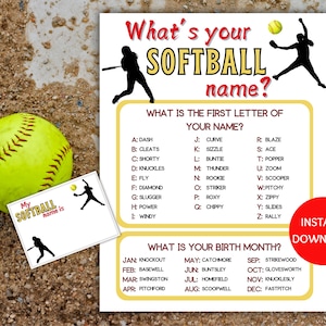 Softball Name Game Printable, What&#39;s Your Softball Name Game, Name Generator Game with Name Tags, Softball Birthday, Softball Party Game