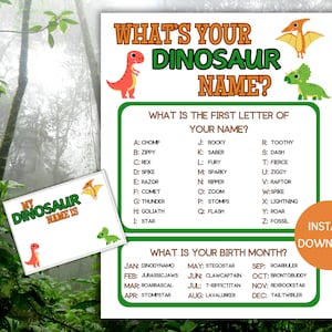 Jogo de nome de dinossauro para impressão, qual é o seu jogo de nome de dinossauro, jogo gerador de nome com etiquetas de nome, aniversário de dinossauro, jogos para crianças