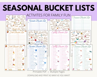Seizoensgebonden bucketlistbundel, bucketlists voor herfst, winter, lente en zomer, afdrukbare kinderactiviteiten, ideeën voor familiebucketlists