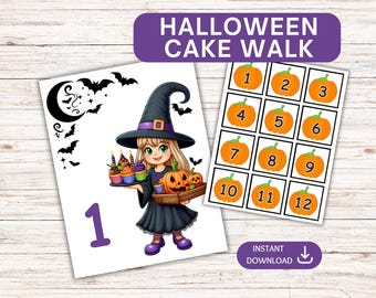 Może przedstawiać: Wydruk o tematyce Halloween z napisem "HALLOWEEN CAKE WALK". Przedstawia czarownicę trzymającą babeczki i dynie oraz planszę do gry z numerami 1-12 w kształcie dyni. Obraz ma fioletowo-pomarańczową kolorystykę.