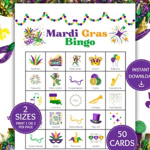 May include: A printable Mardi Gras Bingo game with colorful illustrations of feathers, crowns, and masks. The game includes 50 cards and is available in two sizes. The words "Mardi Gras Bingo" are at the top.