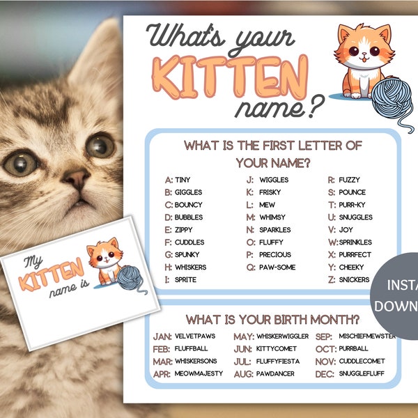Kitten Name Game Printable, What's Your Kitten Name Game, Name Generator Game with Name Tags, Cat Party Game, Cat Birthday Party