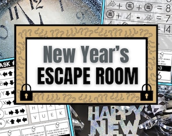 Peut inclure: Un jeu d'évasion du Nouvel An avec un cadran d'horloge, des énigmes et une enseigne "Happy New Year". Le jeu comprend diverses tâches et indices, parfait pour une fête. Le design présente un fond noir et des accents argentés.