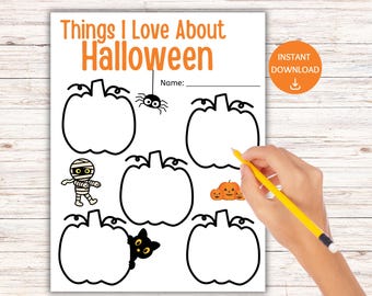 Puede incluir: Una hoja de actividades imprimible de Halloween con el texto "Things I Love About Halloween" en naranja. La hoja presenta contornos de calabazas, una araña, una momia, un gato negro y tres calabazas talladas. Una mano sostiene un lápiz amarillo.