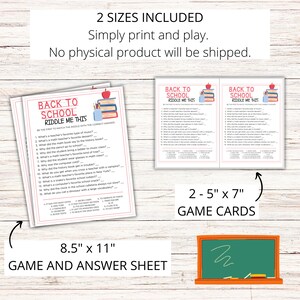 Może przedstawiać: Gra Back to School Riddle Me This z dwoma rozmiarami drukowanych kart do gry. Większa karta ma rozmiar 8,5 cala na 11 cali, a mniejsza karta ma rozmiar 2,5 cala na 7 cali. Gra zawiera kartę gry i kartę odpowiedzi.