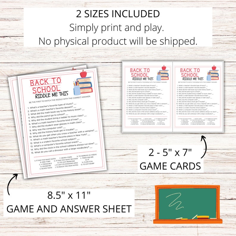 Może przedstawiać: Gra Back to School Riddle Me This z dwoma rozmiarami drukowanych kart do gry. Większa karta ma rozmiar 8,5 cala na 11 cali, a mniejsza karta ma rozmiar 2,5 cala na 7 cali. Gra zawiera kartę gry i kartę odpowiedzi.