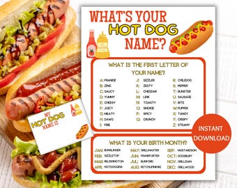 Hot Dog Name Game Printable, What's Your Hot Dog Name Game, Name Generator Game with Name Tags, Family Reunion Games, BBQ Baby Shower