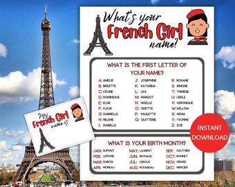 French Girl Name Game Printable, What's Your French Girl Name Game, Name Generator Game with Name Tags, Paris Themed Party, Paris Party