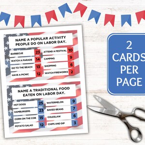 May include: Two printable cards with a red, white, and blue American flag background. The cards are for a Labor Day game. The first card asks "Name a popular activity people do on Labor Day." and lists activities with points. The second card asks "Name a traditional food eaten on Labor Day." and lists foods with points.