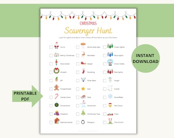 May include: A printable Christmas scavenger hunt checklist with a list of Christmas-themed items to find, such as Santa, reindeer, a snowman, and a Christmas tree. The checklist has checkboxes next to each item.