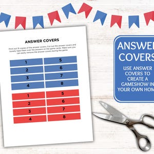 May include: Printable answer covers for a game show. The covers are blue and red and have numbers 1 through 8. The text on the page says "Answer Covers" and "Use answer covers to create a gameshow in your own home".